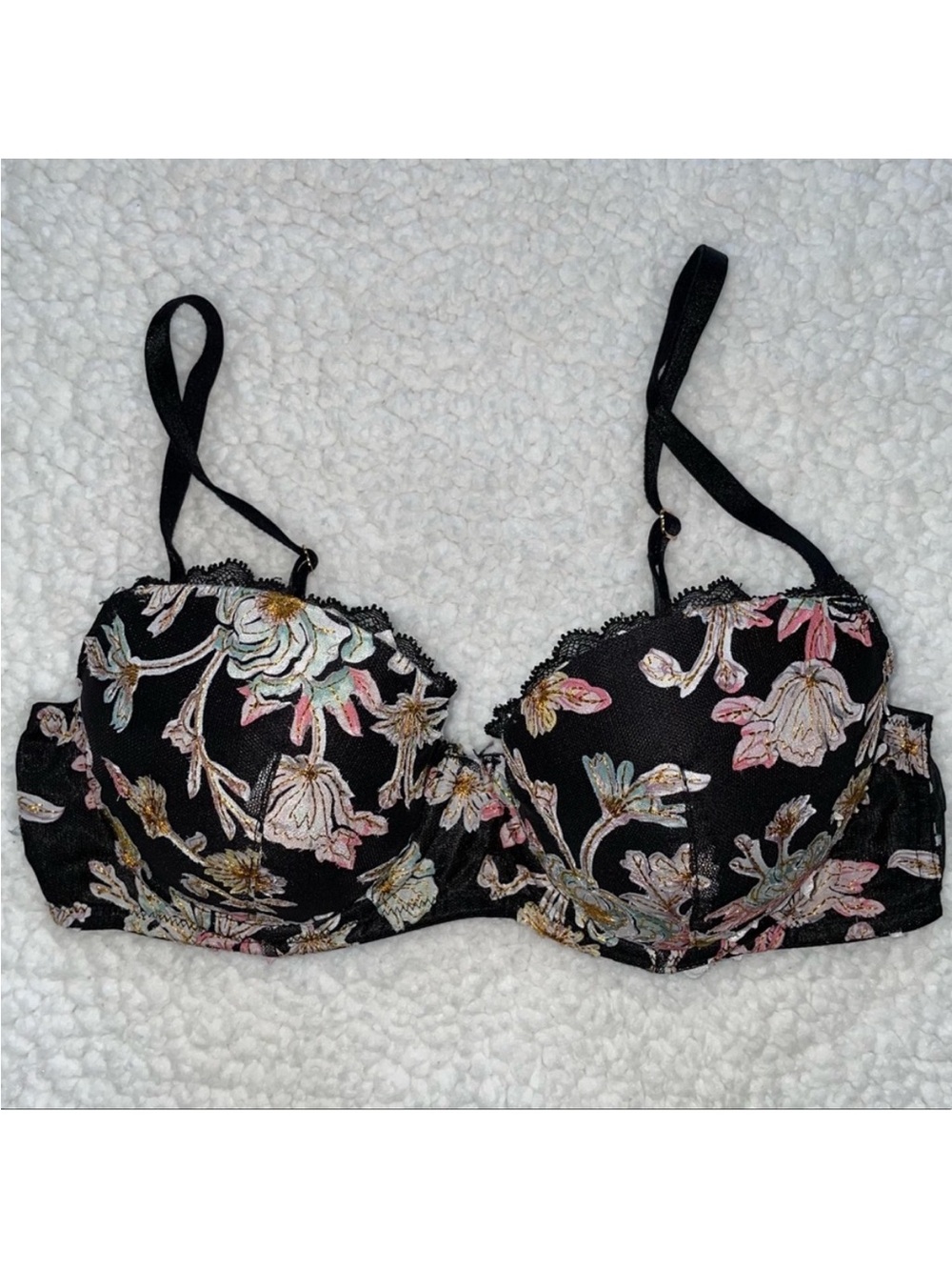 Victoria’s Secret black embroidered floral lined Demi bra sexy boho gold clasps